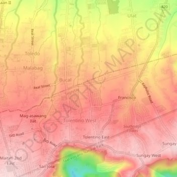 Tolentino East topographic map, elevation, terrain