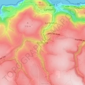 Barbrook topographic map, elevation, terrain