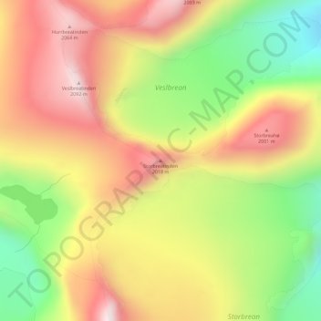 Storbreatinden topographic map, elevation, terrain
