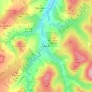 Hownam topographic map, elevation, terrain