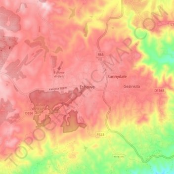 Eshowe topographic map, elevation, terrain