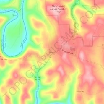 Distant topographic map, elevation, terrain
