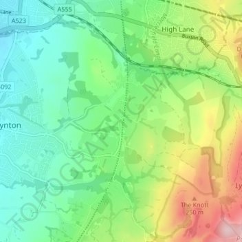 Higher Poynton topographic map, elevation, terrain