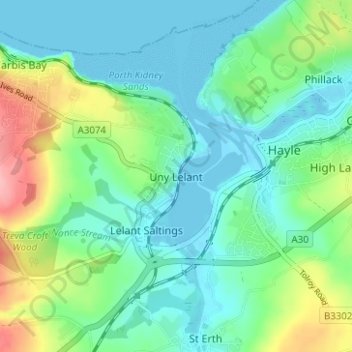 Uny Lelant topographic map, elevation, terrain