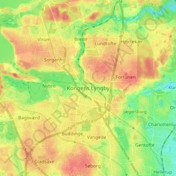 Kongens Lyngby topographic map, elevation, terrain
