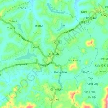 Di Linh topographic map, elevation, terrain