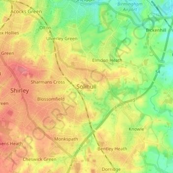 Solihull topographic map, elevation, terrain
