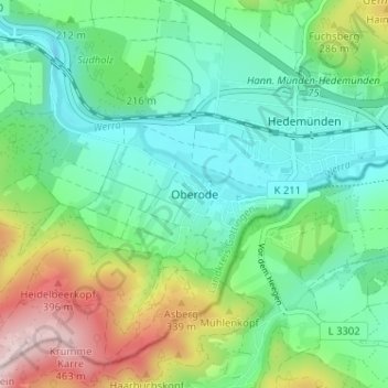 Oberode topographic map, elevation, terrain