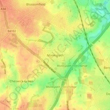 Monkspath topographic map, elevation, terrain
