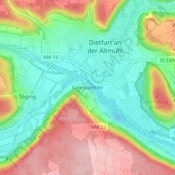 Griesstetten topographic map, elevation, terrain