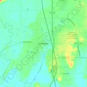 Okmulgee topographic map, elevation, terrain