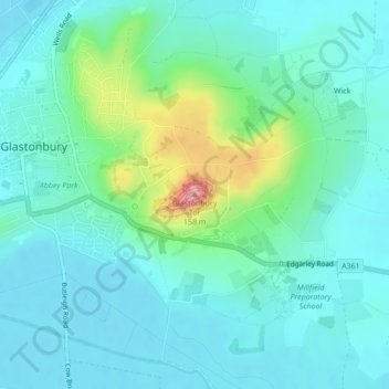 Glastonbury Tor topographic map, elevation, terrain