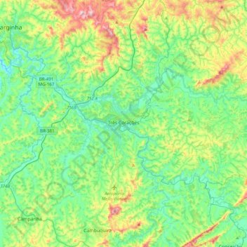 Três Corações topographic map, elevation, terrain