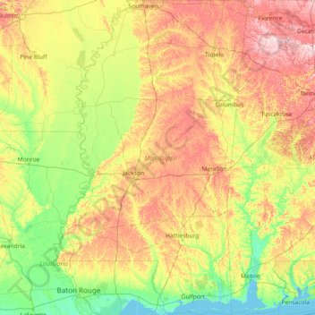 Misisipi topographic map, elevation, terrain