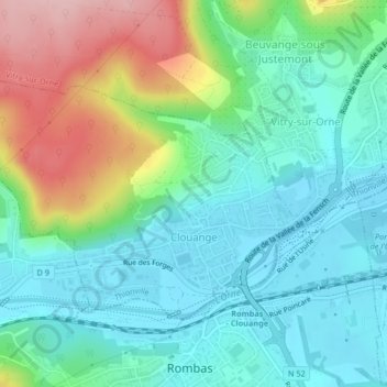 Clouange topographic map, elevation, terrain