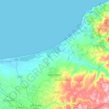 Sòssu/Sorso topographic map, elevation, terrain