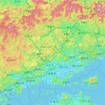Préfecture d'Okayama topographic map, elevation, terrain