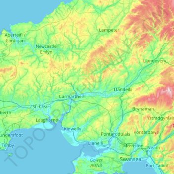 Carmarthenshire topographic map, elevation, terrain