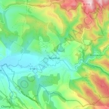 Noailhac topographic map, elevation, terrain