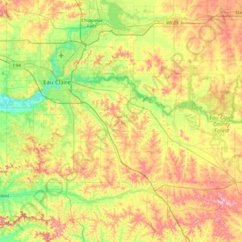 Eau Claire County topographic map, elevation, terrain