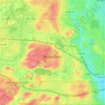 Brookfield topographic map, elevation, terrain