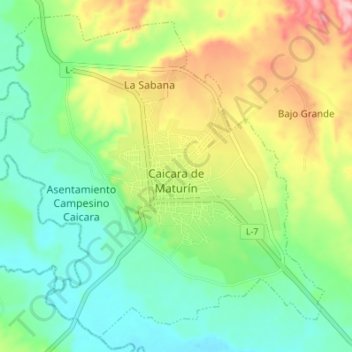 Caicara de Maturín topographic map, elevation, terrain