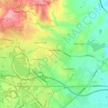 Burntwood topographic map, elevation, terrain