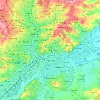 City of Nottingham topographic map, elevation, terrain