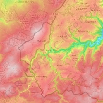 Monschau topographic map, elevation, terrain