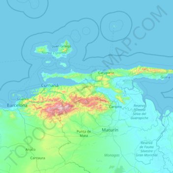Estado Sucre topographic map, elevation, terrain