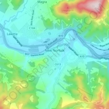 New Norfolk topographic map, elevation, terrain