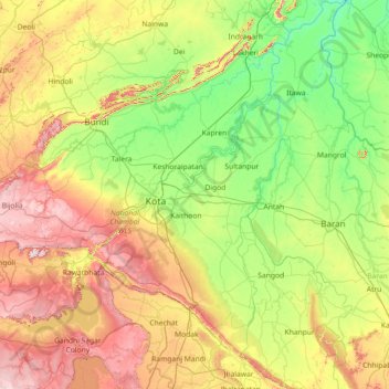 Kota topographic map, elevation, terrain