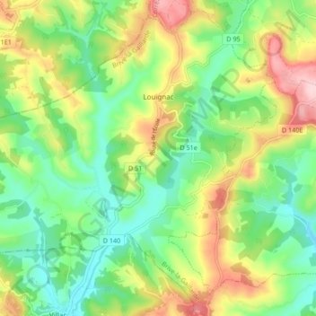 Louignac topographic map, elevation, terrain