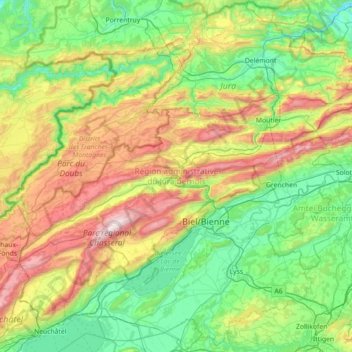 Arrondissement administratif du Jura bernois topographic map, elevation, terrain