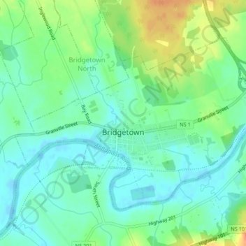 Bridgetown topographic map, elevation, terrain