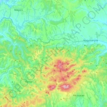 Komlói járás topographic map, elevation, terrain