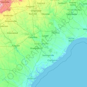 Süd-Carolina topographic map, elevation, terrain