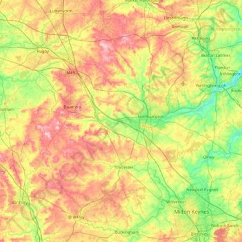 West Northamptonshire topographic map, elevation, terrain