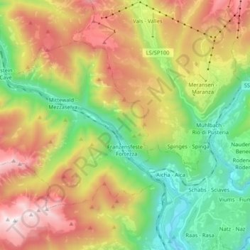 Franzensfeste - Fortezza topographic map, elevation, terrain