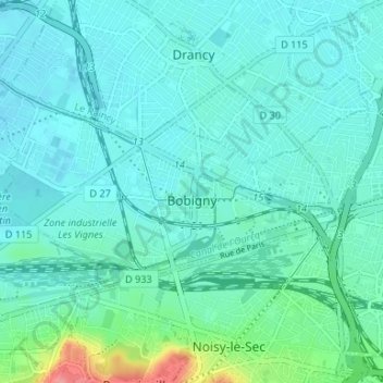 Bobigny topographic map, elevation, terrain