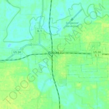 Watseka topographic map, elevation, terrain