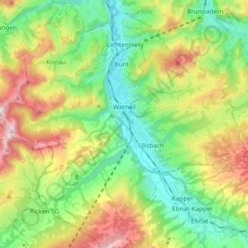 Wattwil topographic map, elevation, terrain