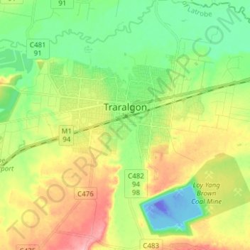 Traralgon topographic map, elevation, relief